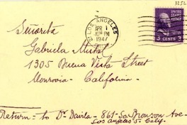 [Tarjeta] 1947 mar. 31, Los Ángeles, California [a] Gabriela Mistral, Monrovia, California