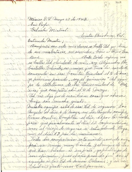 [Carta] 1948 mayo 27, México, D.F., México [a] [Gabriela Mistral], Santa Bárbara, Calif., [EE.UU.]