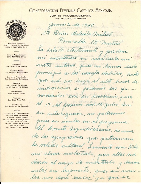 [Carta] 1948 jun. 2, Los Angeles, California, [EE.UU.] [a] Gabriela Mistral