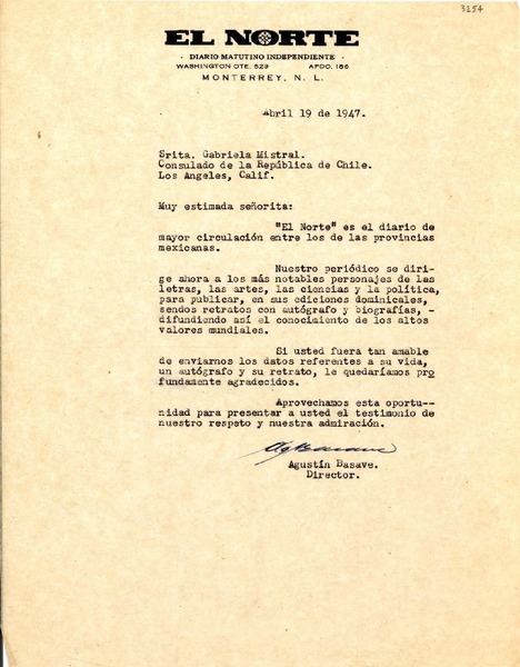 [Carta] 1947 abr. 19, Monterrey [a] Gabriela Mistral, Los Ángeles, California