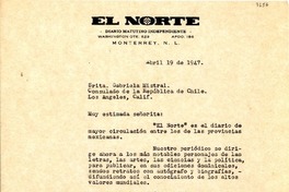 [Carta] 1947 abr. 19, Monterrey [a] Gabriela Mistral, Los Ángeles, California