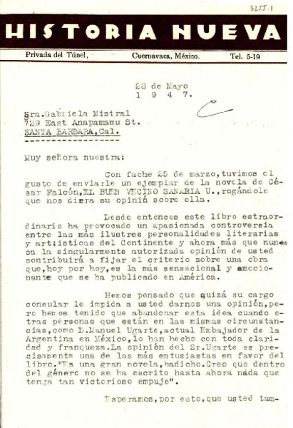[Carta] 1947 mayo. 28, Cuernavaca, México [a] Gabriela Mistral, Santa Bárbara, California