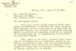[Carta] 1948 jun. 18, México, D. F., México [a] Gabriela Mistral, Consulado de Chile, Sta. Bárbara, Calif., [EE.UU.]