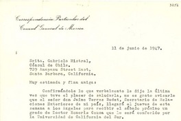 [Carta] 1947 jun. 11, Los Ángeles, California [a] Gabriela Mistral, Santa Bárbara, California