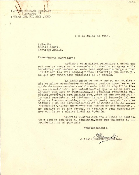 [Carta] 1948 jul. 8, Ixtlán del Río, Nay., Mex. [a] Lucila Godoy, Santiago, Chile
