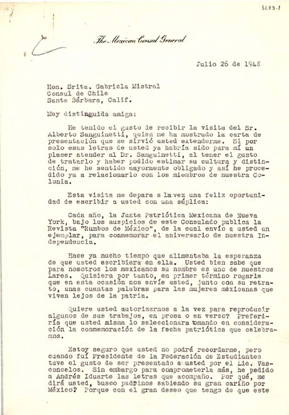 [Carta] 1948 jul. 26, New York, [EE.UU.] [a] Gabriela Mistral, Santa Bárbara, Calif., [EE.UU.]