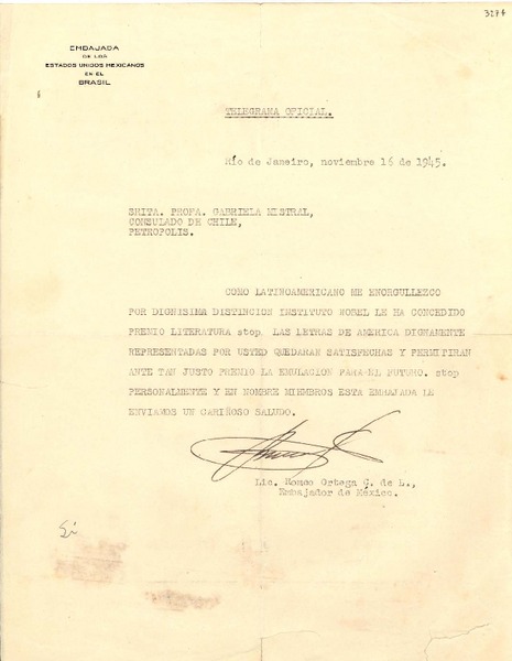 [Carta] 1945 nov. 16, Río de Janeiro, Brasil [a] Gabriela Mistral, Petrópolis, [Brasil]