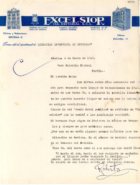 [Carta] 1949 ene. 6, México [a] Gabriela Mistral, Fortín [de las Flores], Veracruz, [México]