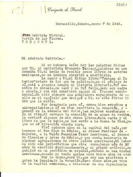 [Carta] 1949 ene. 7, Hermosillo, Estado de Sonora, [México] [a] Gabriela Mistral, Fortín de las Flores, Veracruz, [México]