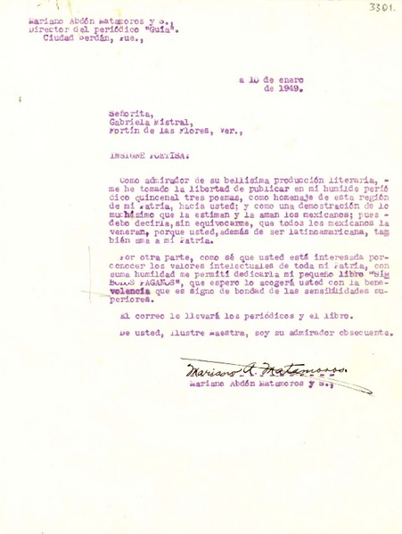 [Carta] 1949 ene. 10, Ciudad Serdán, Puebla, [México] [a] Gabriela Mistral, Fortín de las Flores, Veracruz, [México]