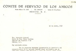 [Carta] 1949 ene. 10, México, D. F., México [a] Gabriela Mistral, México, D. F., México