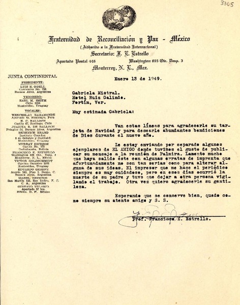 [Carta] 1949 ene. 13, Monterrey, México [a] Gabriela Mistral, Hotel Ruíz Galindo, Fortín [de las Flores], Ver., [México]