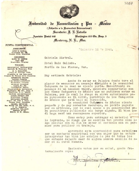 [Carta] 1948 dic. 12, Monterrey, México [a] Gabriela Mistral, Veracruz