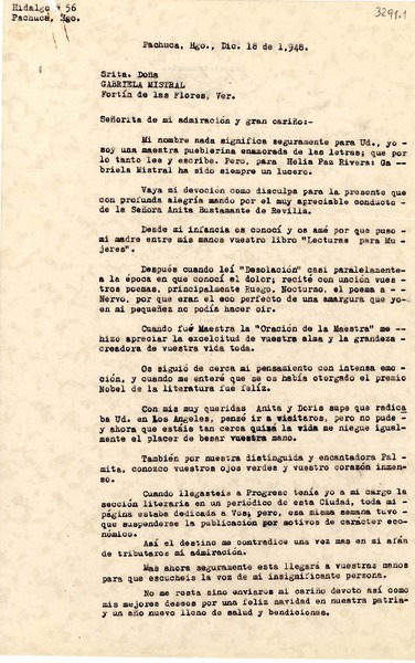 [Carta] 1948 dic. 18, Pachuca, [México] [a] Gabriela Mistral, Veracruz