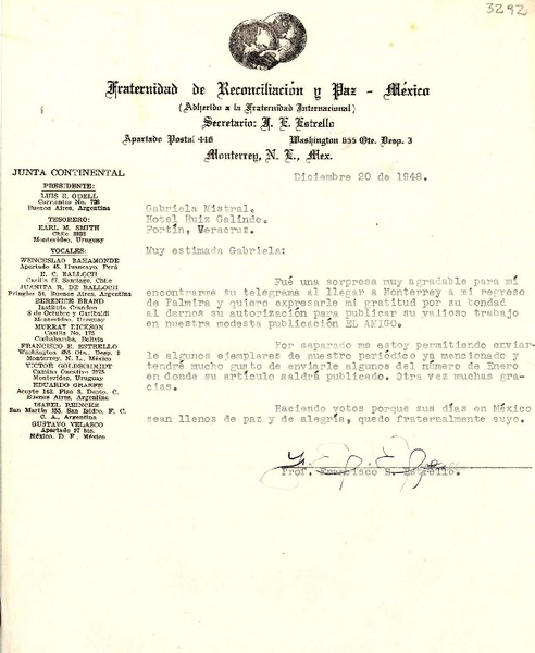 [Carta] 1948 dic. 20, Monterrey, México [a] Gabriela Mistral, Veracruz