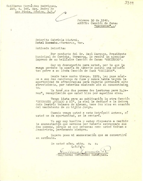 [Carta] 1949 feb. 10, México D.F [a] Gabriela Mistral, Veracruz