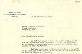[Carta] 1949 feb. 14, México [a] Gabriela Mistral, Veracruz