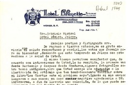 [Carta] [1949] [abr.], Hotel Lafayette, México [a] Gabriela Mistral, Hotel México, Jalapa, [México]