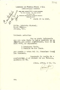[Carta] 1949 abr. 20, México, D. F., México [a] Gabriela Mistral, Hotel México, Jalapa, Ver., [México]