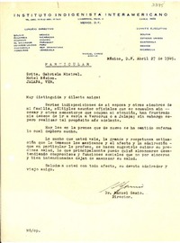 [Carta] 1949 abr. 27, México, D. F. [a] Gabriela Mistral, Hotel México, Jalapa, Ver., [México]
