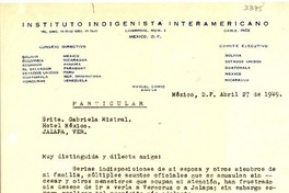 [Carta] 1949 abr. 27, México, D. F. [a] Gabriela Mistral, Hotel México, Jalapa, Ver., [México]