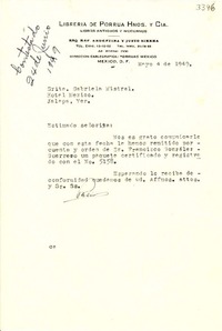 [Carta] 1949 mayo 4, México, D. F. [a] Gabriela Mistral, Hotel México, Jalapa, Ver., [México]