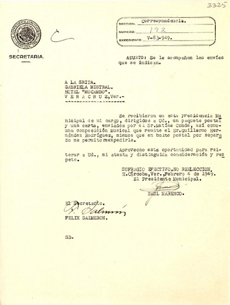 [Carta] 1949 feb. 4, Veracruz [a] Gabriela Mistral, Veracruz
