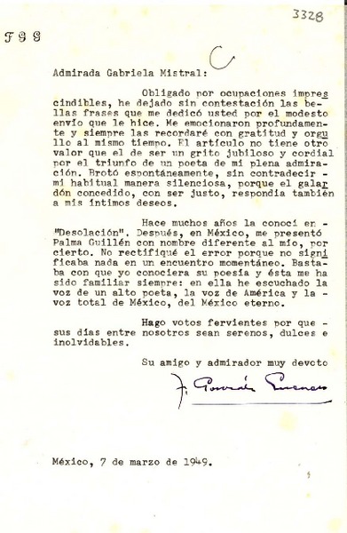 [Carta] 1949 mar. 7, México [a] Gabriela Mistral