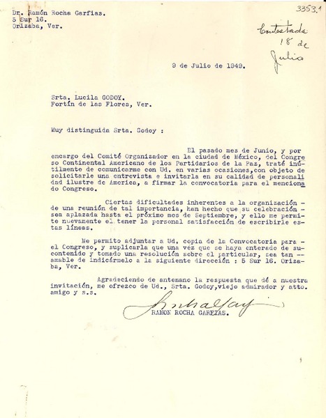 [Carta] 1949 jul. 9, Orizaba, Ver., [México] [a] Lucila Godoy, Fortín de las Flores, Ver., [México]