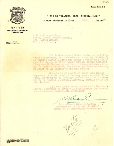 [Oficio N° 251], 1949 jul. 26, Jalapa- Enríquez, [México] [a] Lucila Godoy Alcayaga, Hotel México, [México]