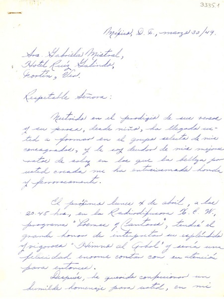 [Carta] 1949 mar. 30, México D.F. [a] Gabriela Mistral, Veracruz