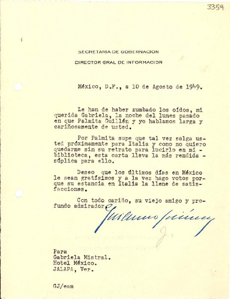 [Carta] 1949 ago. 10, México D.F. [a] Gabriela Mistral, Jalapa