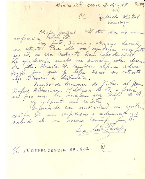 [Carta] 1949 dic. 2, México, D. F. [a] Gabriela Mistral, Veracruz, [México]