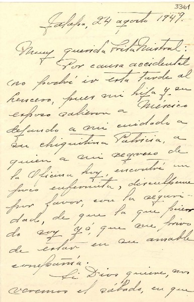 [Carta] 1949 ago. 24, Jalapa, [México] [a] Gabriela Mistral