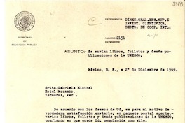 [Oficio N° 2151], 1949 dic. 2, México, D. F. [a] Gabriela Mistral, Hotel Mocambo, Veracruz, Ver., [México]