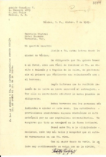 [Carta] 1949 dic. 8, México, D. F. [a] Gabriela Mistral, Hotel Mocambo, Veracruz, Ver., [México]