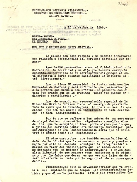 [Carta] 1949 sept. 10, Xalapa, Veracruz [a] Gabriela Mistral, Veracruz