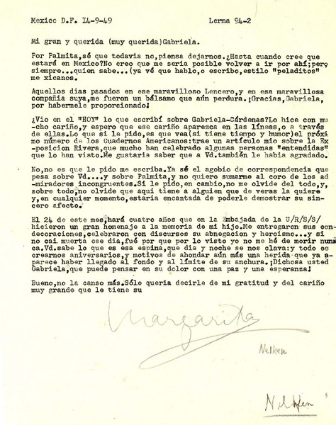 [Carta] 1949 sept. 14, México D.F [a] Gabriela Mistral