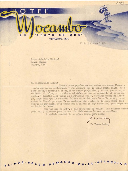 [Carta] 1950 jun. 22, Veracruz [a] Gabriela Mistral, Hotel México, Jalapa, Ver., [México]