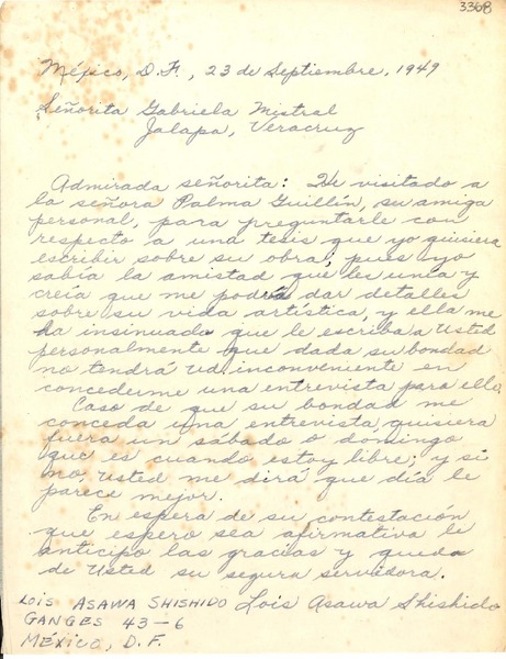 [Carta] 1949 sept. 23, México D.F [a] Gabriela Mistral, Veracruz