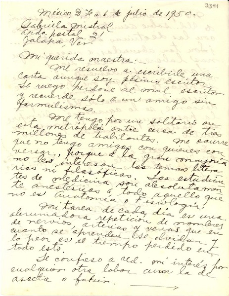 [Carta] 1950 jul. 6, México D. F. [a] [Gabriela Mistral], Apartado Postal 21, Jalapa, Ver., [México]