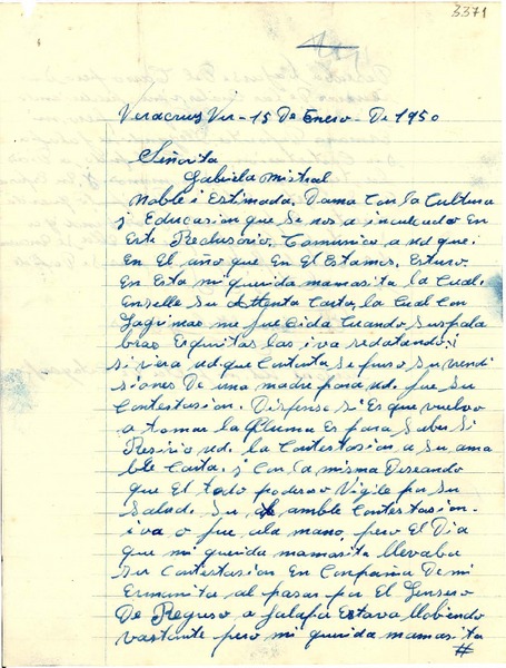 [Carta] 1950 ene. 15, Veracruz [a] Gabriela Mistral