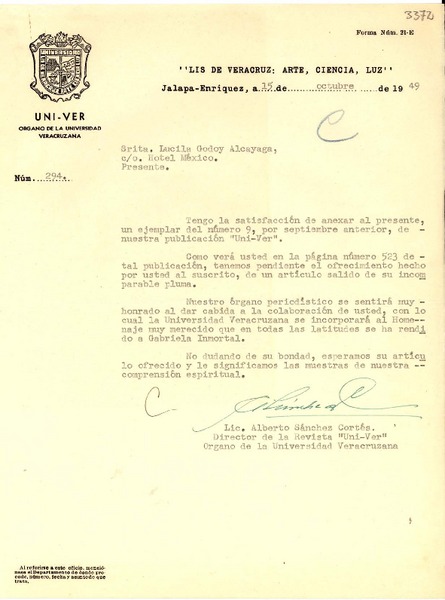 [Carta] 1949 oct. 15, Jalapa, [México] [a] Lucila Godoy