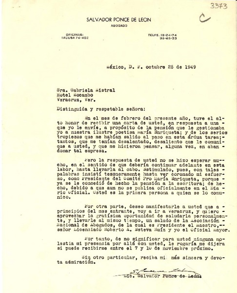 [Carta] 1949 oct. 25, México D. F. [a] Gabriela Mistral, Veracruz