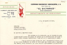 [Carta] 1950 ago. 1, Veracruz, Ver., [México] [a] Gabriela Mistral, Jalapa, Ver., [México]