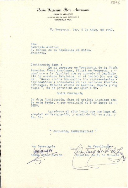 [Carta] 1950 ago. 9, H. Veracruz, Ver., [México] [a] Gabriela Mistral, H. Cónsul de la República de Chile