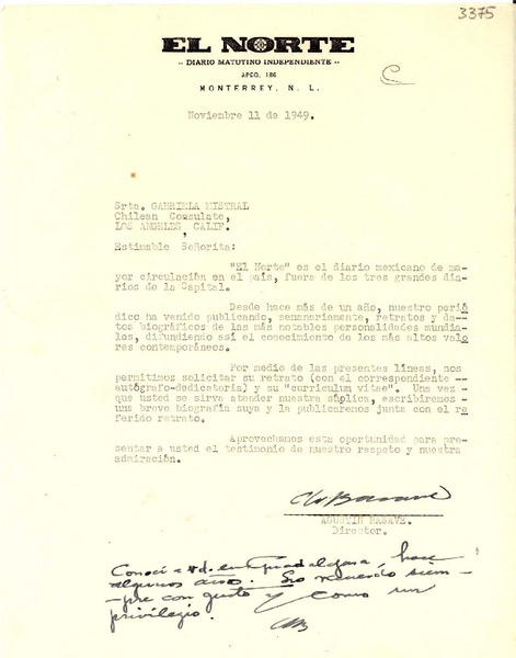 [Carta] 1949 nov. 11, Monterrey [a] Gabriela Mistral, Los Ángeles, California
