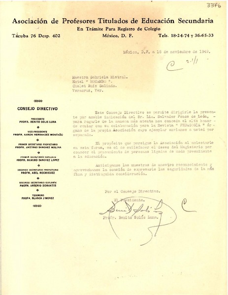 [Carta] 1949 nov. 18, México D.F [a] Gabriela Mistral, Veracruz