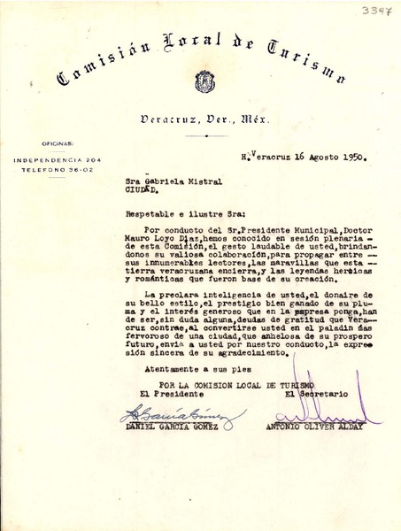[Carta] 1950 ago. 16, Veracruz, México [a] Gabriela Mistral