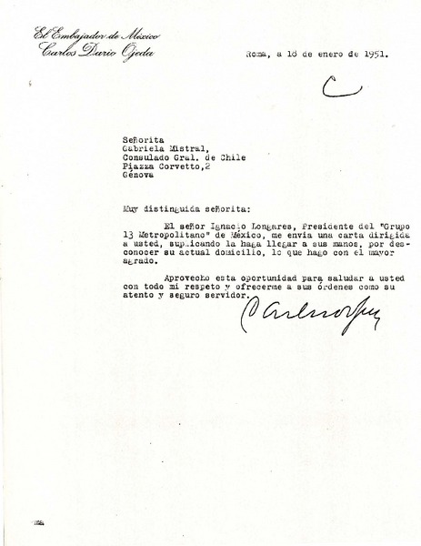 [Carta] 1951 ene. 18, Roma, [Italia] [a] Gabriela Mistral, Consulado Gral. de Chile, Génova, Italia